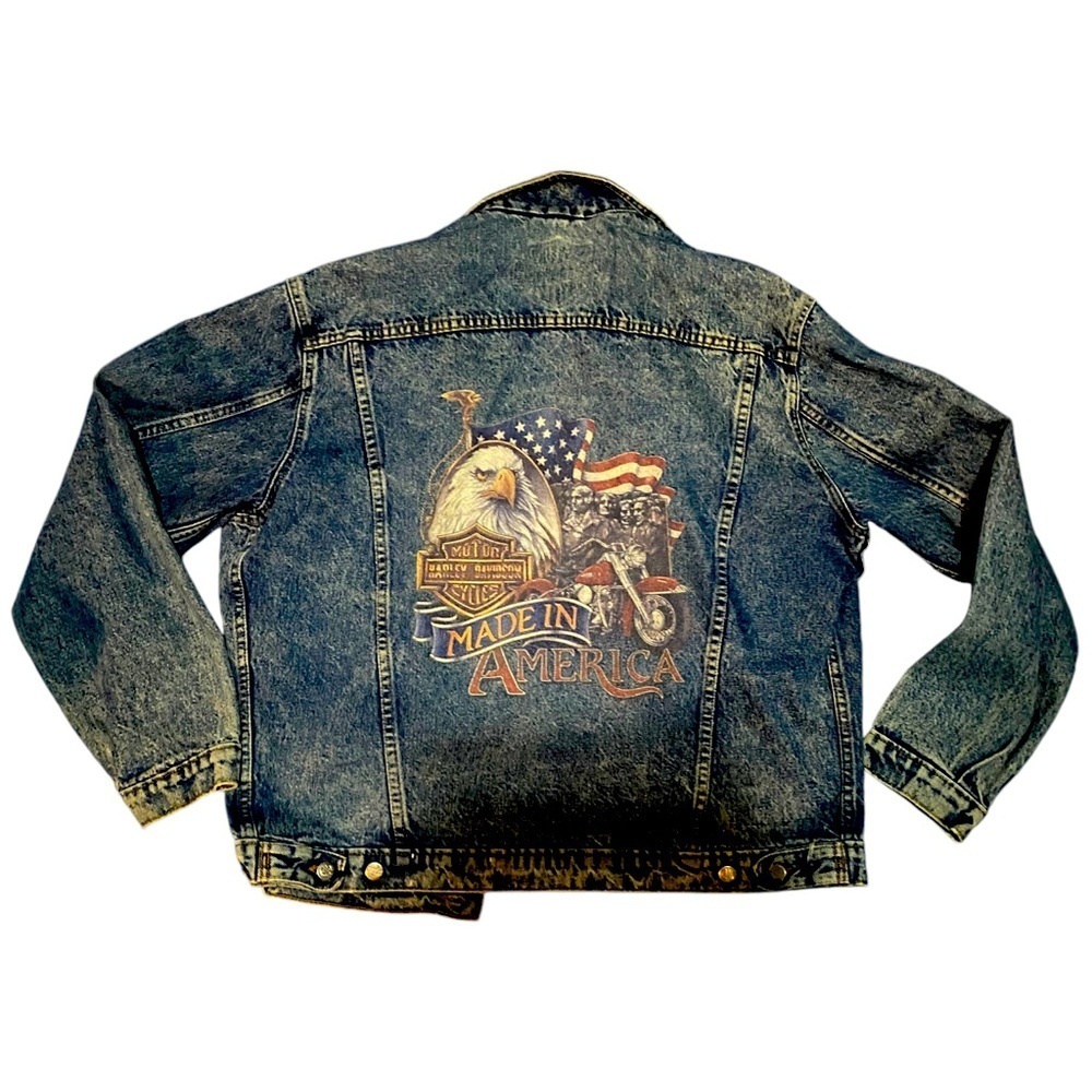 VNTG HARLEY DAVIDSON TRUCKER JACKET W/PATCHES & PINS MADE IN THE USA Acid washed